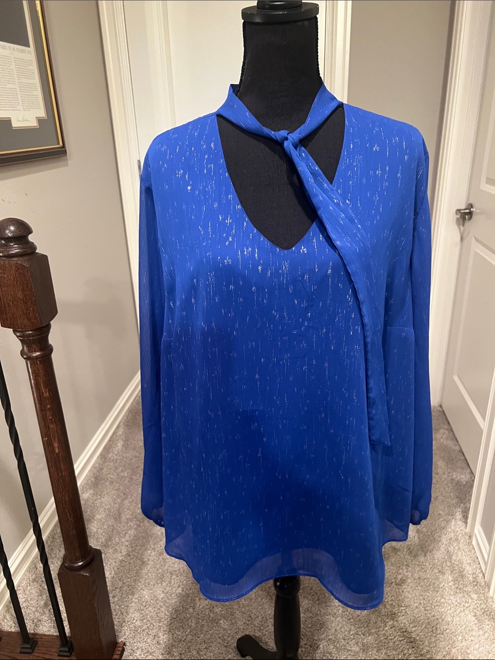 Women's Tie-Neck Blouse in Cobalt Blue with Metallic Speckle Size 2X
